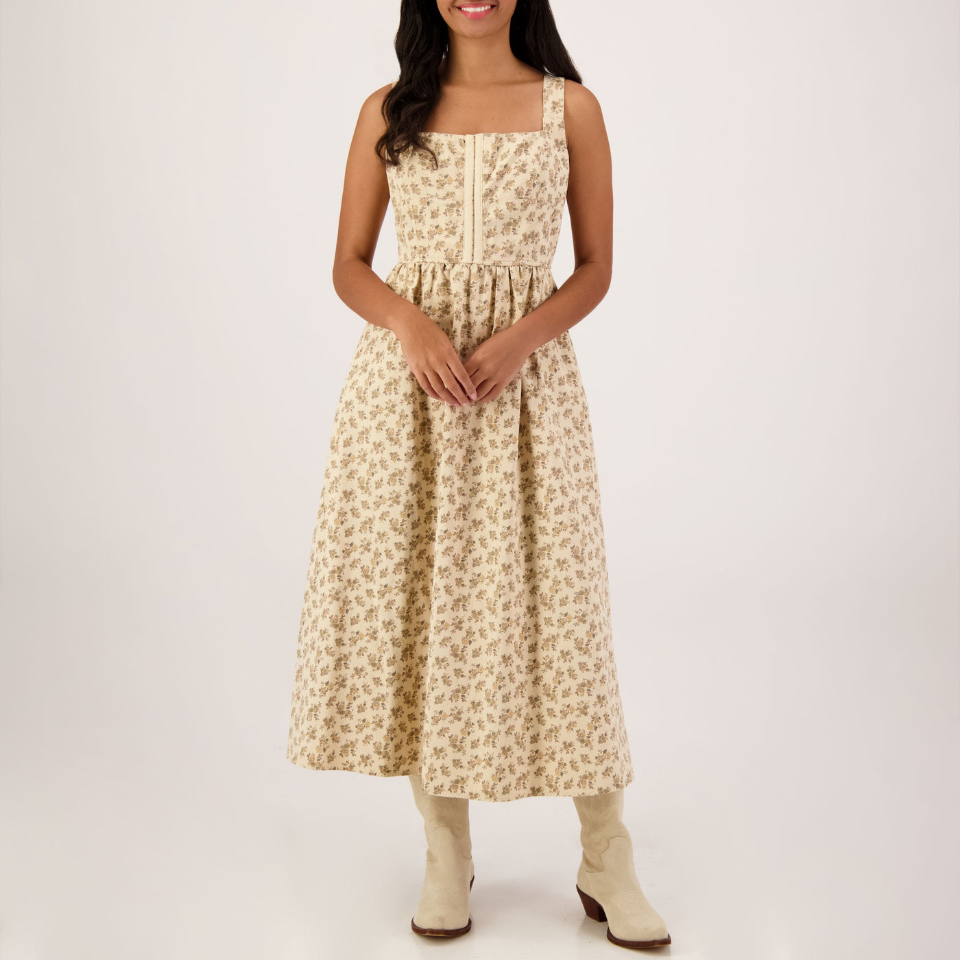 hook and eye midi dress SC SAND FLORAL FRONT HOOK & EYE SLEEVELESS MIDI DRESS L