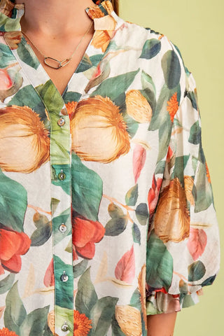 Moss Green Floral Button Down Top with 3/4 Length Gathered Balloon Sleeves