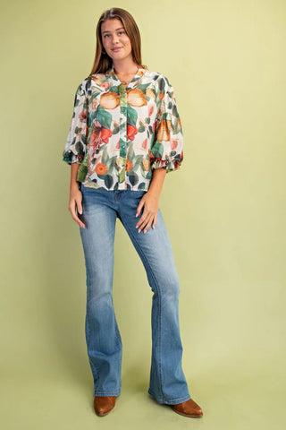 Moss Green Floral Button Down Top with 3/4 Length Gathered Balloon Sleeves