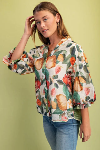 Moss Green Floral Button Down Top with 3/4 Length Gathered Balloon Sleeves