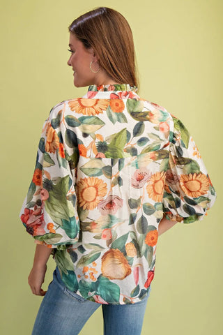 Moss Green Floral Button Down Top with 3/4 Length Gathered Balloon Sleeves