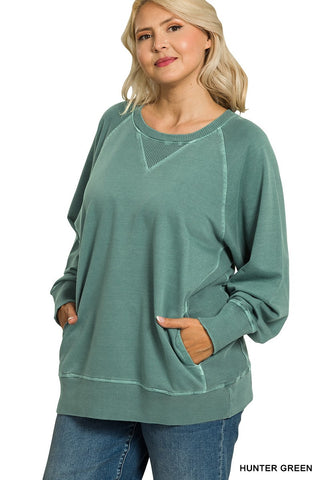 Curvy Hunter Green Pigment Dyed French Terry Pullover