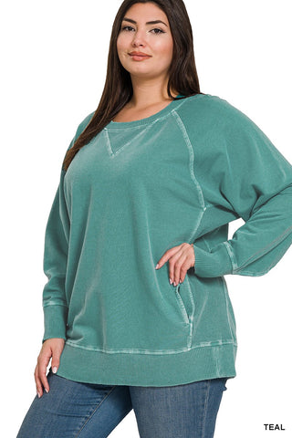 Curvy Teal Pigment Dyed French Terry Pullover