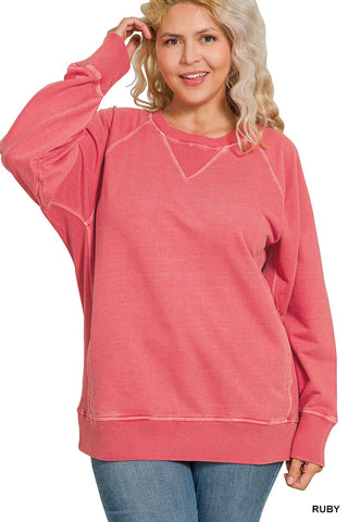 Curvy Ruby Pigment Dyed French Terry Pullover w/ Pockets