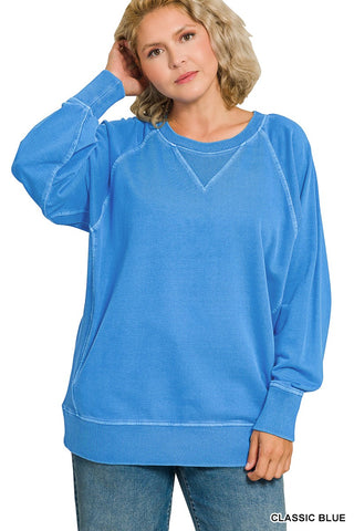Curvy Classic Blue Pigment Dyed French Terry Pullover w/ Pockets