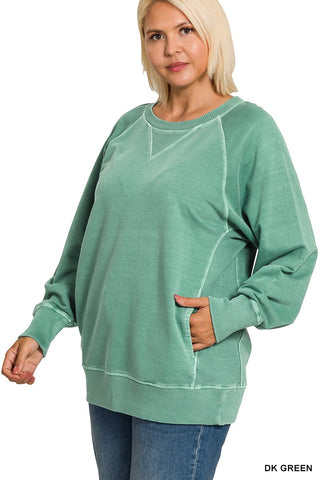 Curvy Dk Green Pigment Dyed French Terry Pullover w/ Pockets