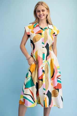 Lime Mix Bright Abstract Cap Sleeve Midi Shirt Dress FINAL SALE