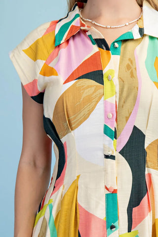 Lime Mix Bright Abstract Cap Sleeve Midi Shirt Dress FINAL SALE