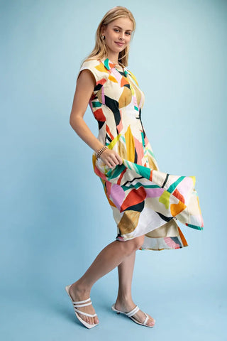 Lime Mix Bright Abstract Cap Sleeve Midi Shirt Dress FINAL SALE