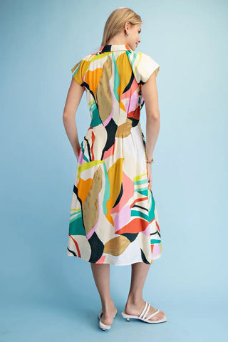 Lime Mix Bright Abstract Cap Sleeve Midi Shirt Dress FINAL SALE