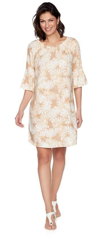 Curvy 3/4 Sleeve Golden Hour Palm Leaf Printed Linen Dress