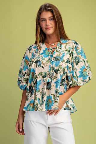Blue Mix Floral Print Balloon Sleeve Bouse with Tie Neck Strings