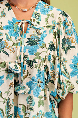 Blue Mix Floral Print Balloon Sleeve Bouse with Tie Neck Strings
