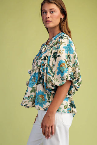 Blue Mix Floral Print Balloon Sleeve Bouse with Tie Neck Strings