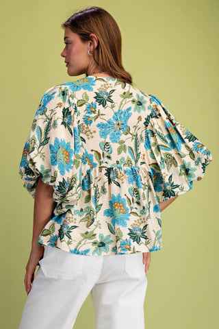 Blue Mix Floral Print Balloon Sleeve Bouse with Tie Neck Strings