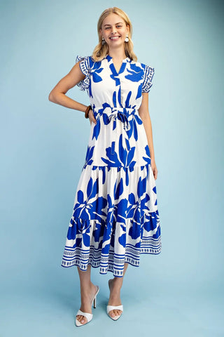 Floral Tiered Midi Dress with Ruffle Sleeves and an Elastic Tie Waist FINAL SALE
