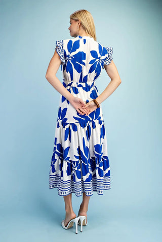 Floral Tiered Midi Dress with Ruffle Sleeves and an Elastic Tie Waist FINAL SALE