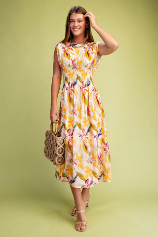 Floral Print Cap Sleeve Midi Dress w/ Pockets FINAL SALE