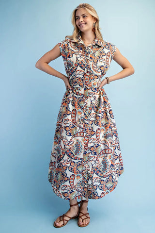 Orange/Navy Printed Sleeveless Midi Shirt Dress FINAL SALE