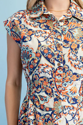 Orange/Navy Printed Sleeveless Midi Shirt Dress FINAL SALE