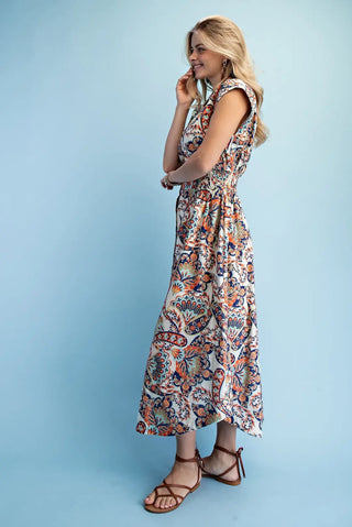 Orange/Navy Printed Sleeveless Midi Shirt Dress FINAL SALE