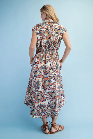 Orange/Navy Printed Sleeveless Midi Shirt Dress FINAL SALE