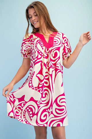Fuchsia Printed Notch Neck Dress with Gathered Short Balloon Sleeves and Ric-Rac Trim Details