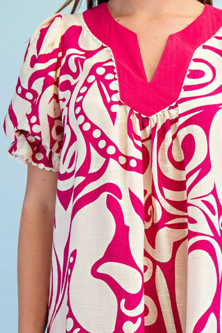 Fuchsia Printed Notch Neck Dress with Gathered Short Balloon Sleeves and Ric-Rac Trim Details
