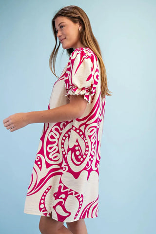 Fuchsia Printed Notch Neck Dress with Gathered Short Balloon Sleeves and Ric-Rac Trim Details