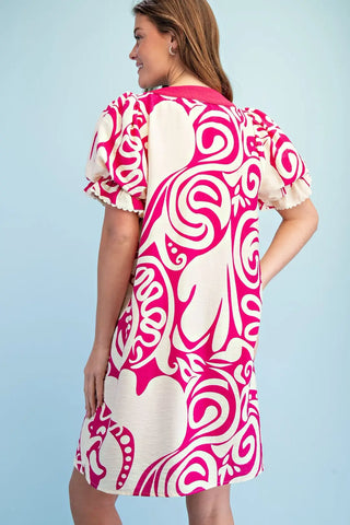 Fuchsia Printed Notch Neck Dress with Gathered Short Balloon Sleeves and Ric-Rac Trim Details