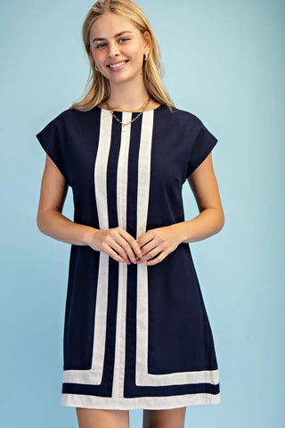 Navy Linen Round Neck Dress with Cap Sleeves