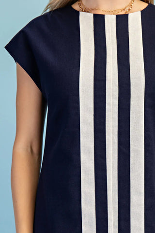 Navy Linen Round Neck Dress with Cap Sleeves