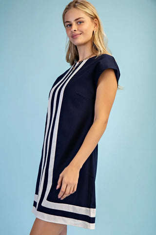 Navy Linen Round Neck Dress with Cap Sleeves