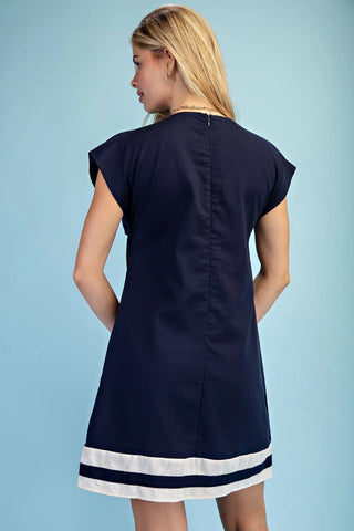 Navy Linen Round Neck Dress with Cap Sleeves