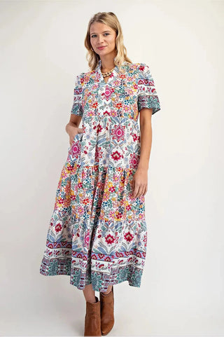 Curvy Cream Mixed Print Tiered Midi Dress with Ruffle Neck w/ Pockets FINAL SALE