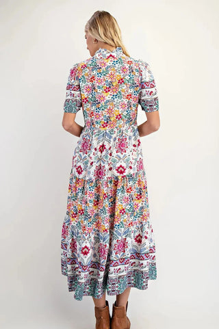Curvy Cream Mixed Print Tiered Midi Dress with Ruffle Neck w/ Pockets FINAL SALE