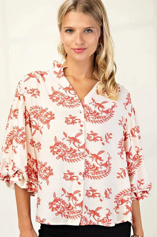 Curvy Raspberry Button Down Blouse with 3/4 Length Balloon Sleeves