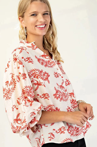 Curvy Raspberry Button Down Blouse with 3/4 Length Balloon Sleeves