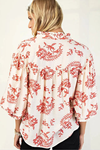 Curvy Raspberry Button Down Blouse with 3/4 Length Balloon Sleeves