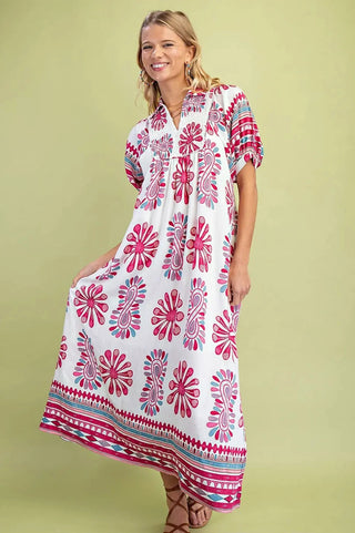 Curvy Berry Printed Smocked Yoke Midi Dress with Short Balloon Sleeves Final Sale