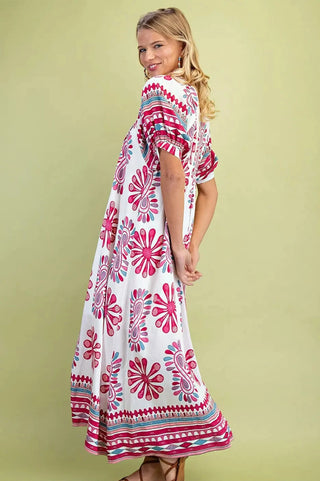 Curvy Berry Printed Smocked Yoke Midi Dress with Short Balloon Sleeves Final Sale
