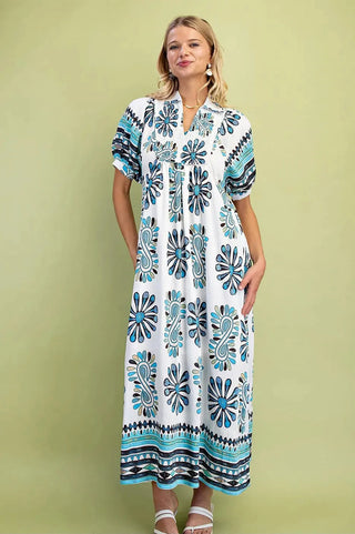 Curvy Printed Smocked Yoke Midi Dress with Short Balloon Sleeves