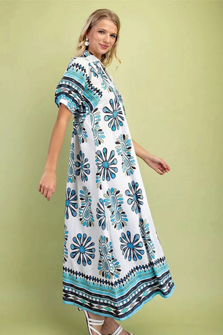 Curvy Printed Smocked Yoke Midi Dress with Short Balloon Sleeves