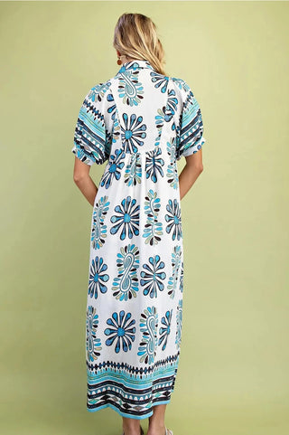 Curvy Printed Smocked Yoke Midi Dress with Short Balloon Sleeves