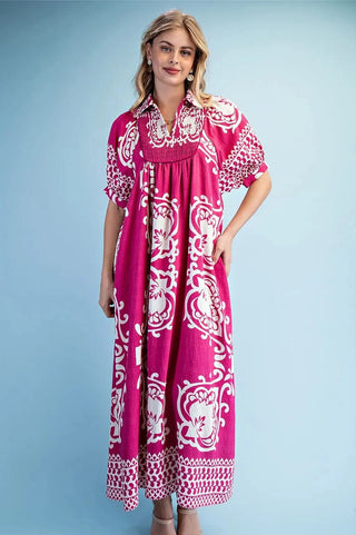 Curvy Mixed Print Short Puff Sleeve Midi Dress