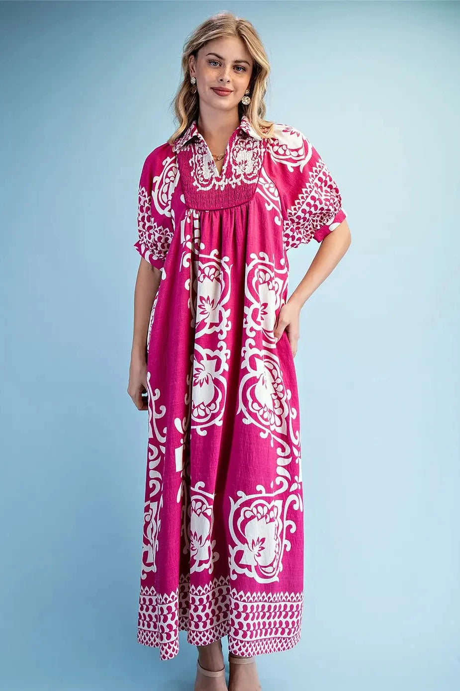 midi dress curvy Curvy Mixed Print Short Puff Sleeve Midi Dress 1X