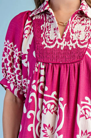 Curvy Mixed Print Short Puff Sleeve Midi Dress