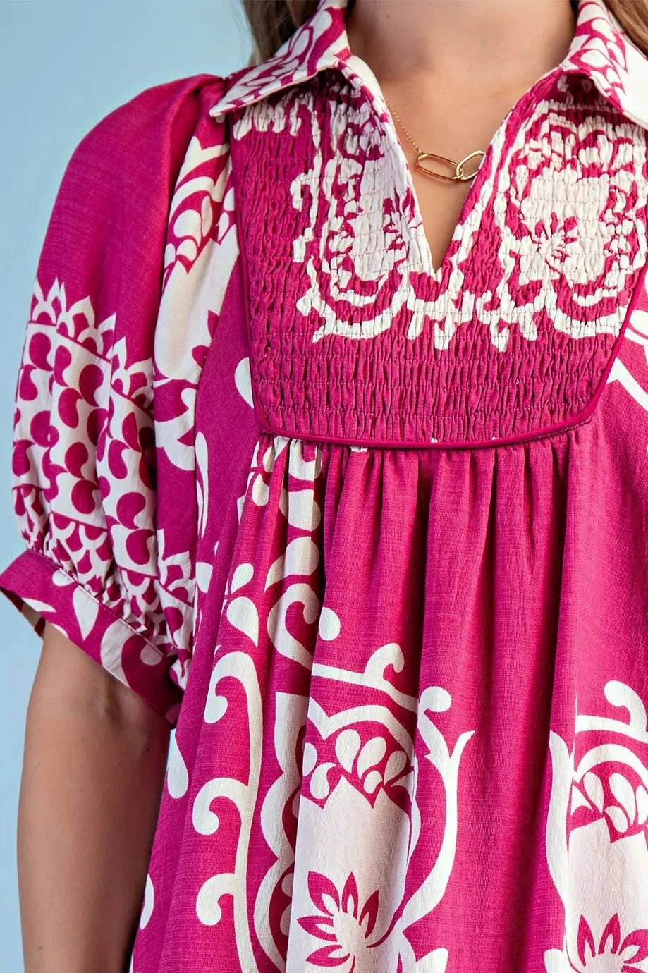 mixed print midi dress Curvy Mixed Print Short Puff Sleeve Midi Dress 1X