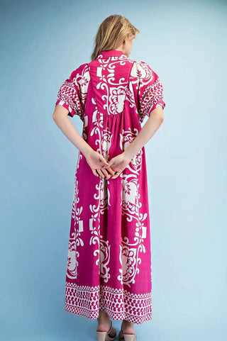 Curvy Mixed Print Short Puff Sleeve Midi Dress