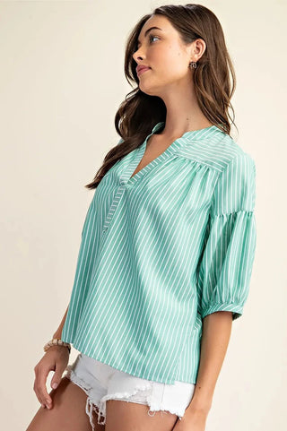 Curvy Green Striped Blouse with Quarter Length Bubble Sleeves Final Sale